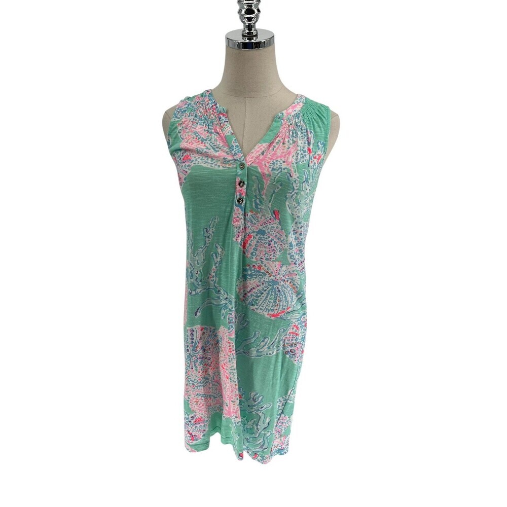 Lilly Pulitzer Essie Dress Women's Size XS Sea Salt Sun Shell Print Shift Green